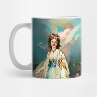 Woman in blue dress with flowers in her hair Mug